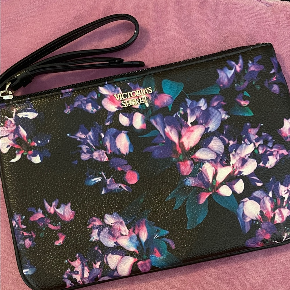 Victoria's Secret Black and Purple Floral Wristlet